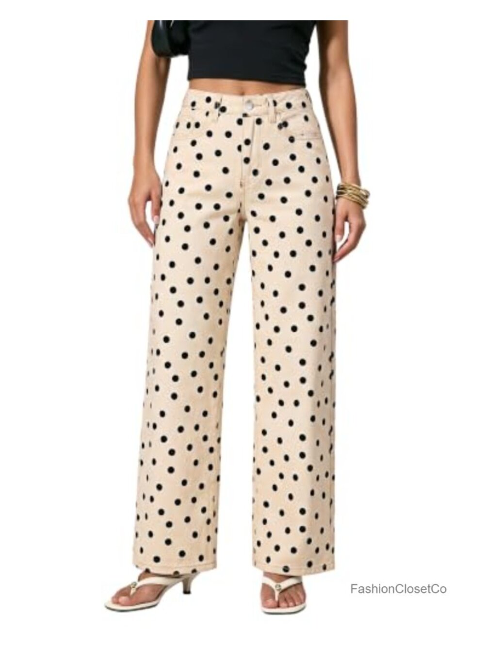 High Waisted Wide Leg Jeans Stretch Denim Polka Dot Pants